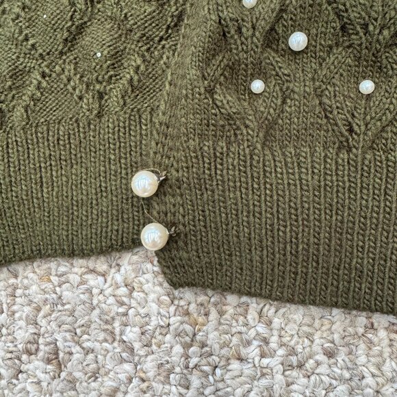 Zara Green Open Back Knit Sweater w/ Pearl Small Holiday Elegant Fun - Picture 10 of 14
